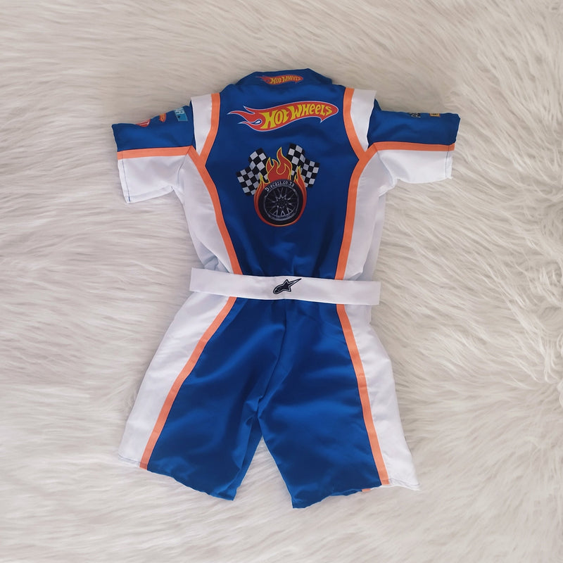 Macacão hotwheels Nascar com viés laranja curto infantil