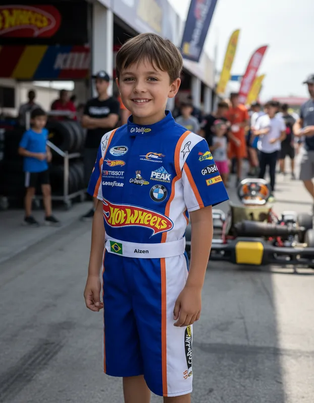 Macacão hotwheels Nascar com viés laranja curto infantil