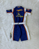 Macacão hotwheels Nascar com viés laranja curto infantil