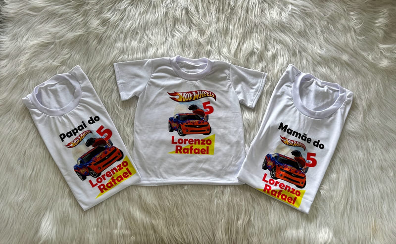 Kit Família Hot Wheels – 2 Camisetas Adultas + 1 Camiseta Infantil